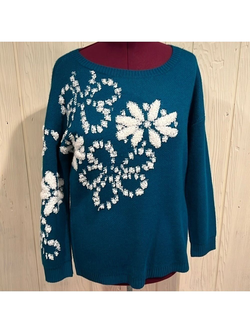 Nina Leonard Floral Loop Jacquard Sweater Green Blue White Size Large